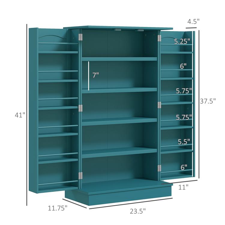 Blue pantry cabinet shown open with five-tier shelving and double doors