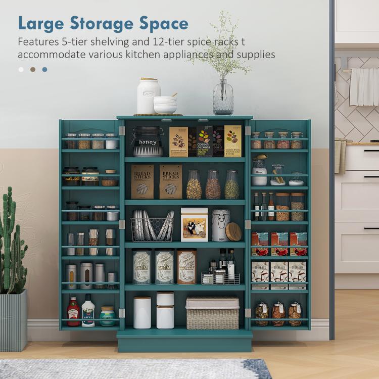 Blue freestanding pantry cabinet with open shelves and jars, tins, and baskets inside