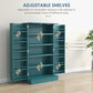 Blue pantry cabinet with interior shelves adjustable on multiple levels