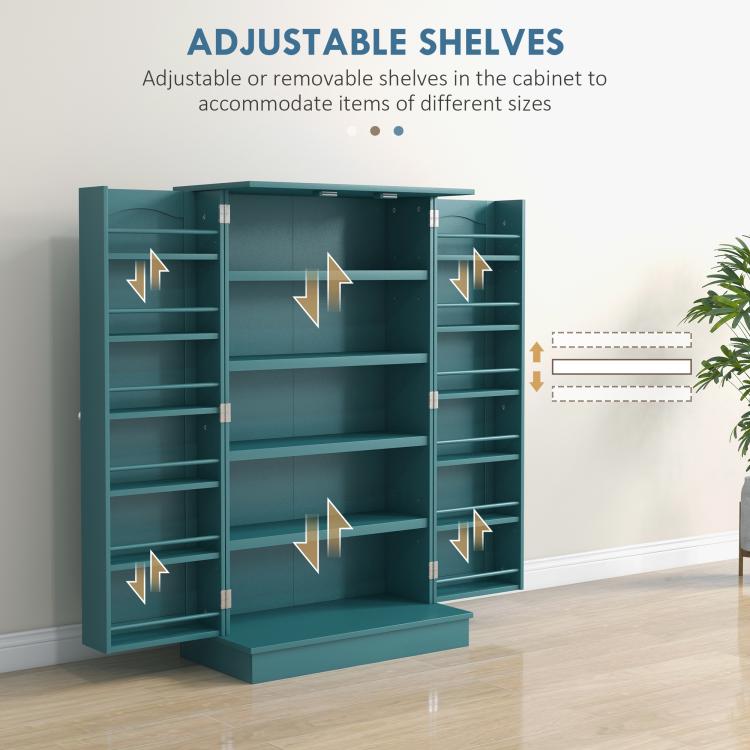 Blue pantry cabinet with interior shelves adjustable on multiple levels