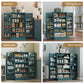 Blue pantry cabinet displayed in kitchen, dining, bathroom, and bedroom settings