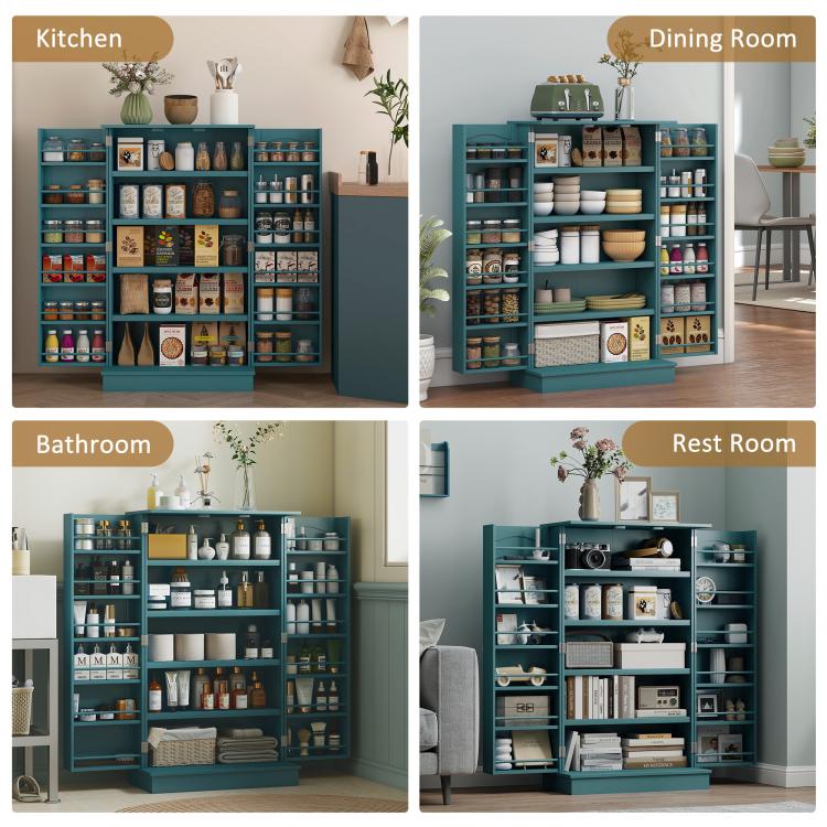 Blue pantry cabinet displayed in kitchen, dining, bathroom, and bedroom settings