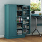 Blue pantry cabinet open with shelves holding cookware, books and pantry items