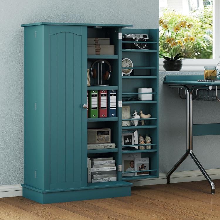 Blue pantry cabinet open with shelves holding cookware, books and pantry items