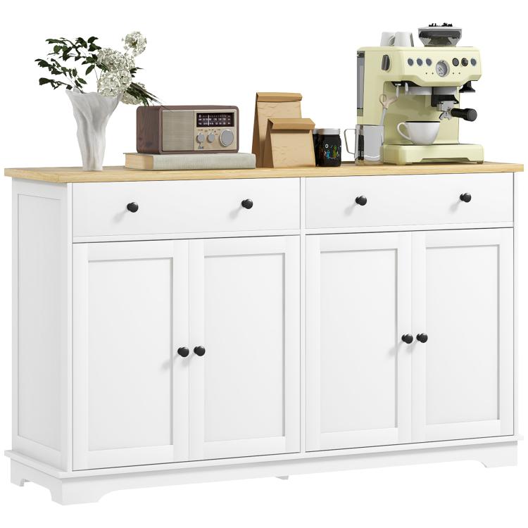 White sideboard cabinet with four doors, two drawers, and a light wood top