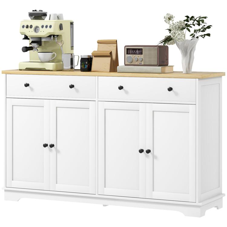 White buffet sideboard with light wood top, two drawers, and four cabinet doors