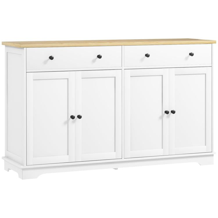 White buffet cabinet with wood-look top, 2 drawers, and cabinet doors