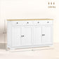 White sideboard cabinet with light wood top, two drawers, and four doors