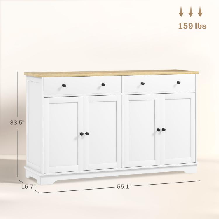 White sideboard cabinet with light wood top, two drawers, and four doors