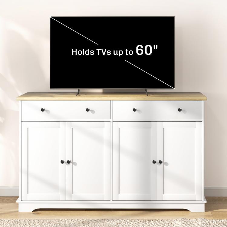 White sideboard cabinet with open storage doors and top surface for TV