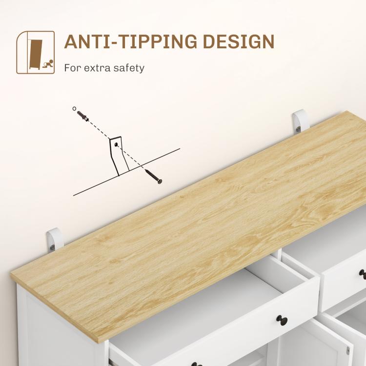 White sideboard cabinet corner with anti-tipping hardware and drawer front