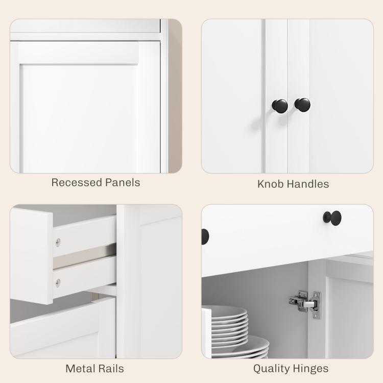 White sideboard cabinet details: recessed panels, knob handles, metal rails, hinges