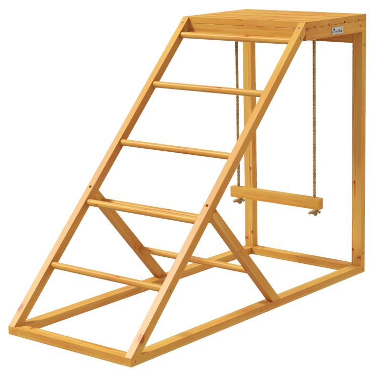 Wooden chicken activity center with ladder and hanging swing perches, yellow frame