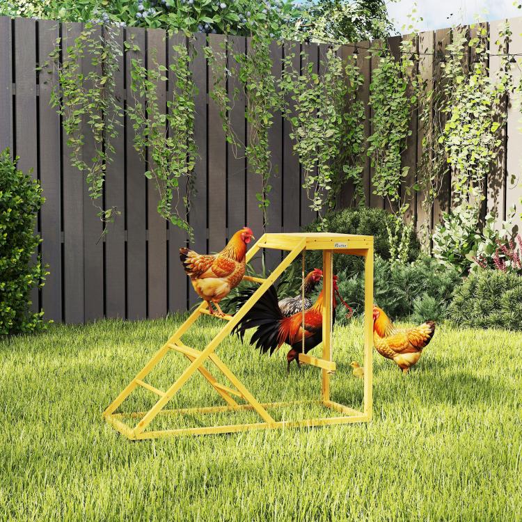 Wooden chicken activity center with ladder and swing perches, with chickens on it