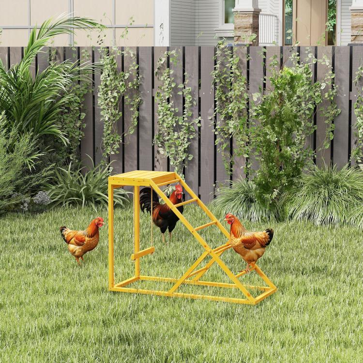 Wooden chicken activity center with enclosed top platform and ladder, yellow frame