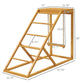 Wooden chicken activity center size diagram with ladder, swing, and base, yellow