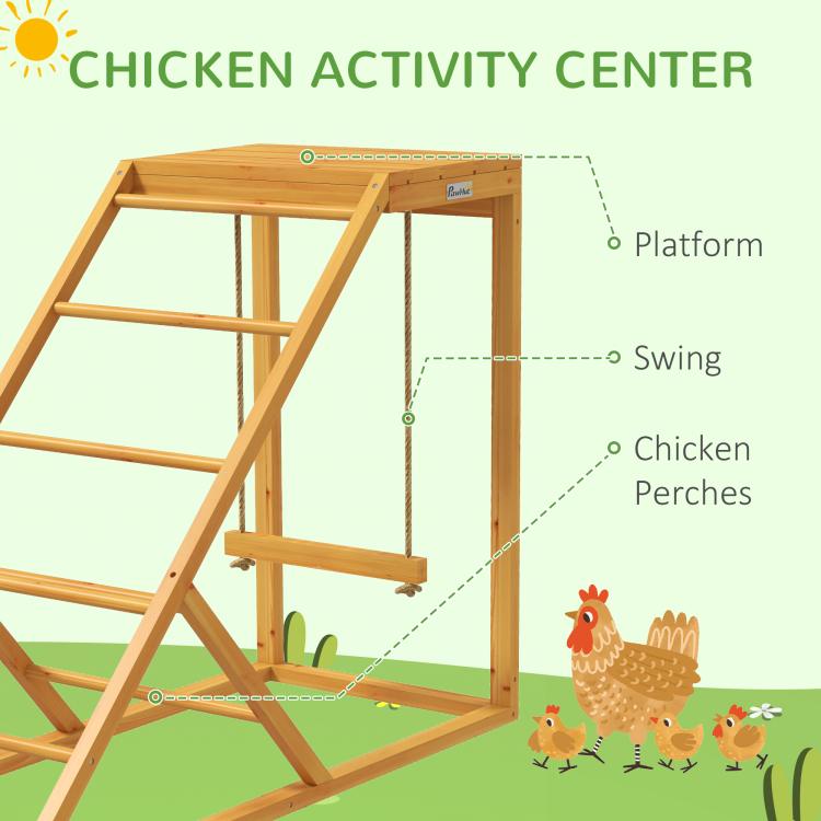 Wooden chicken activity center showing platform, swing, and chicken perches, yellow
