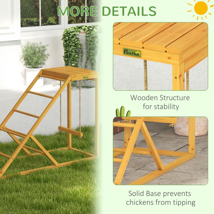 Wooden chicken activity center roof and posts with hanging rope perch, yellow