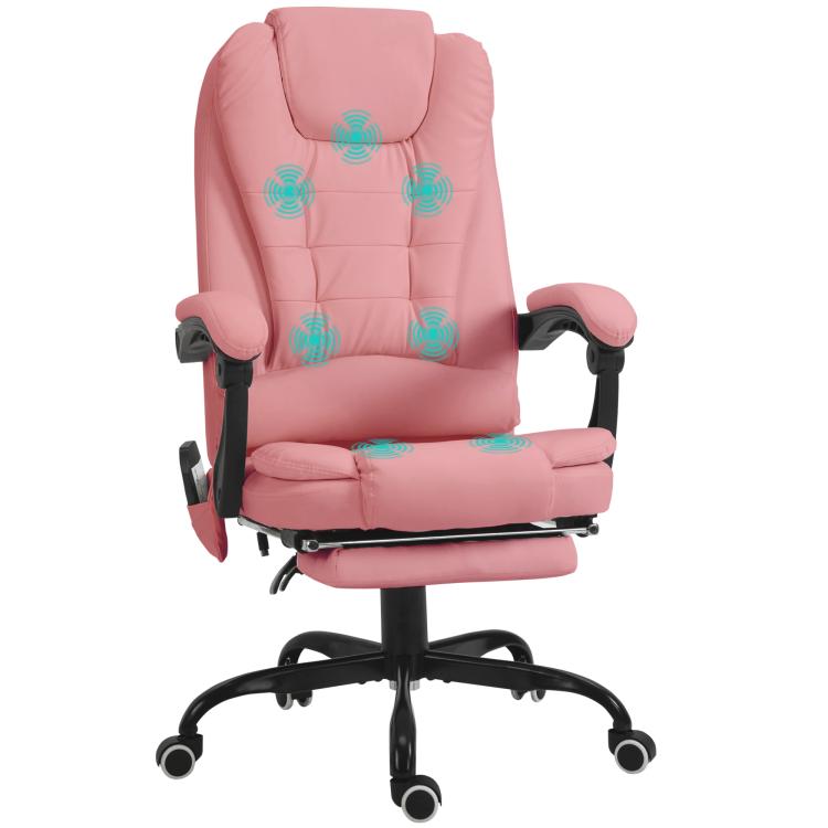 Pink high-back office massage chair with padded headrest, lumbar support, footrest and armrests