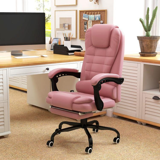 Pink high-back office massage chair with thick padding, curved armrests and rolling caster base