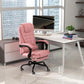 Pink high-back desk chair with padded headrest, lumbar support, and recline mechanism on wheels
