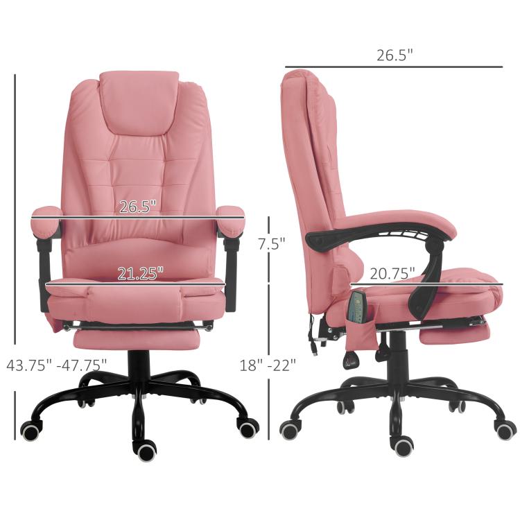 Pink ergonomic office massage chair with footrest, padded seat, and high-back headrest