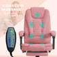 Pink high-back massage chair with visible back massage nodes, padded headrest and seat