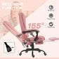 Pink recline massage office chair with extended leg rest, padded back and caster base