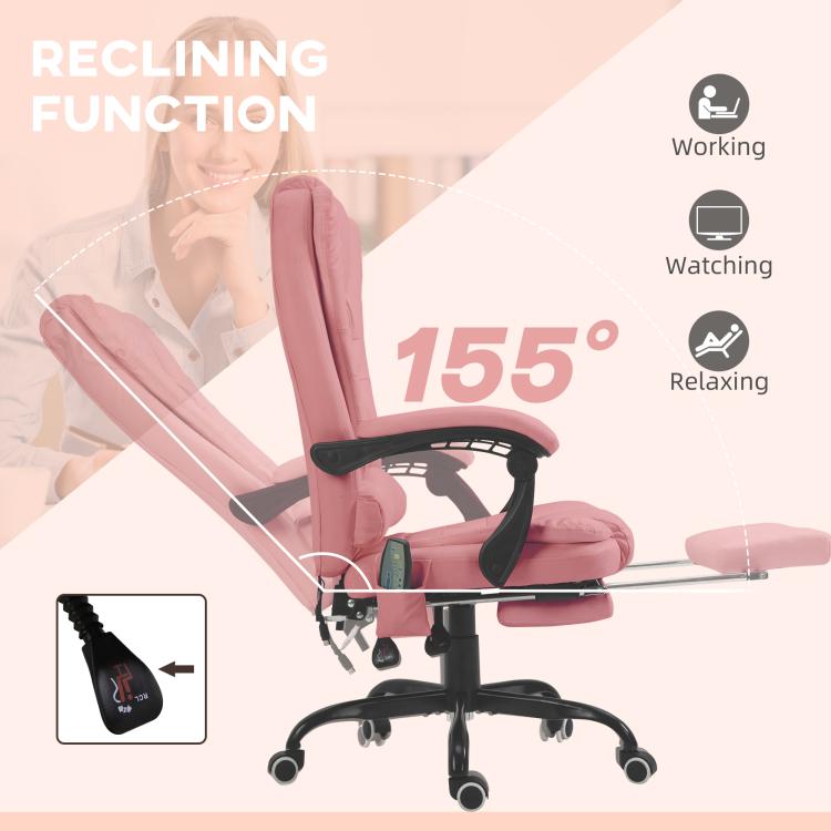 Pink recline massage office chair with extended leg rest, padded back and caster base
