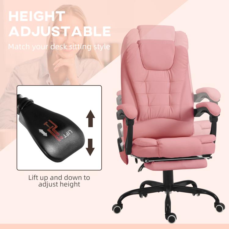 Pink height-adjustable massage desk chair with padded high back, headrest and caster wheels
