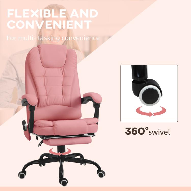 Pink office massage chair on 360-degree swivel caster base with padded headrest and armrests