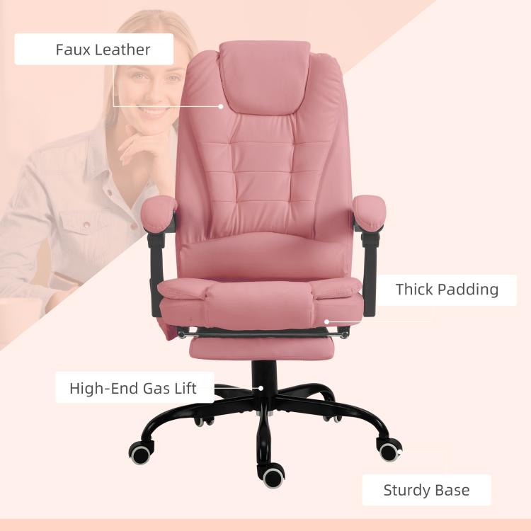 Pink faux-leather massage office chair with thick padding, high back, and sturdy caster base