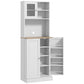 White microwave hutch pantry cabinet with open shelves and interior compartments