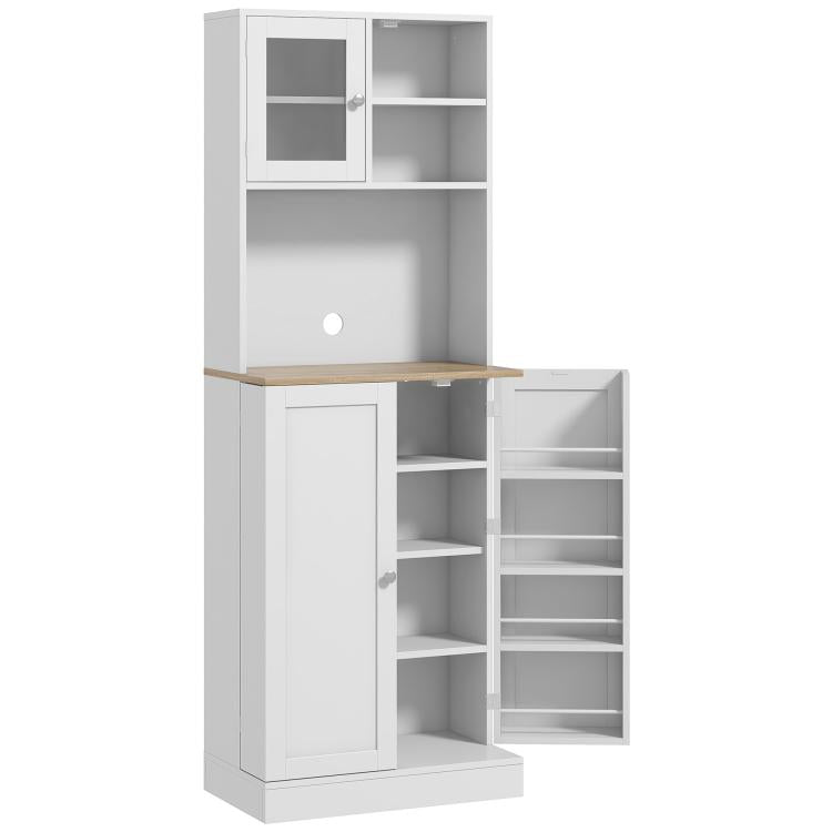 White microwave hutch pantry cabinet with open shelves and interior compartments