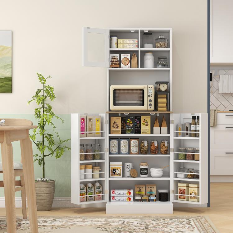 White kitchen pantry cabinet hutch with open compartments and microwave center shelf