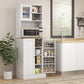 White microwave pantry cabinet with open shelves for dishes and small appliances
