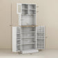 White pantry cabinet interior with multiple shelves and adjustable storage sections