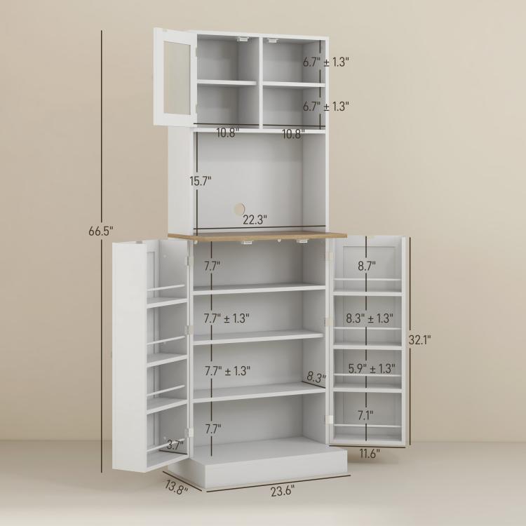 White pantry cabinet interior with multiple shelves and adjustable storage sections