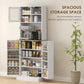 White kitchen pantry cabinet with open storage shelves for appliances and pantry items