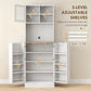 White pantry cabinet with three-level adjustable shelves and open side storage