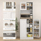 White pantry cabinet with framed glass door, recessed panel doors, and round silver handles