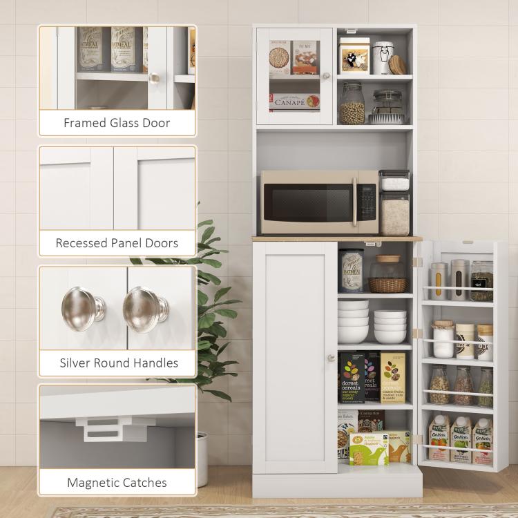 White pantry cabinet with framed glass door, recessed panel doors, and round silver handles