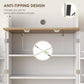 White pantry cabinet with anti-tipping hardware and open interior shelves