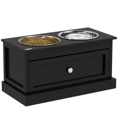 Black raised dog bowl stand with two stainless steel bowls and front storage drawer