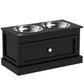 Black raised dog bowl stand with two stainless steel bowls and front storage drawer