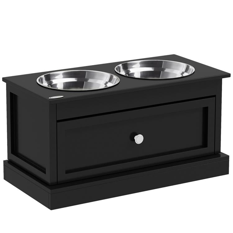 Black raised dog bowl stand with two stainless steel bowls and front storage drawer