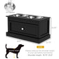 Black raised dog bowl stand with two stainless steel bowls and storage drawer