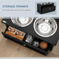 Black storage drawer dog bowl stand with two stainless steel bowls, open compartment