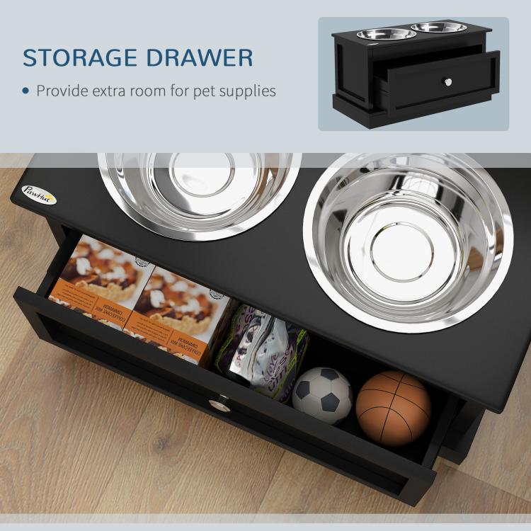 Black storage drawer dog bowl stand with two stainless steel bowls, open compartment