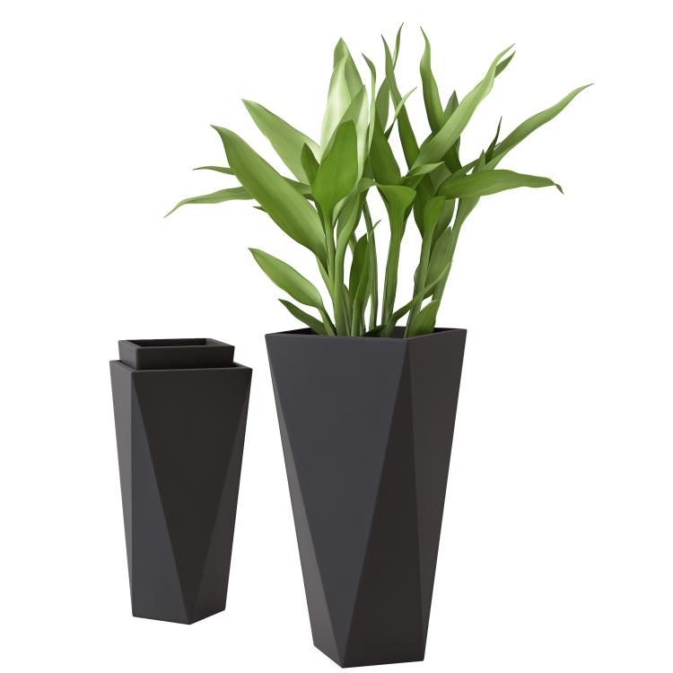 Set of tall black rectangular planters with green plants, stackable style